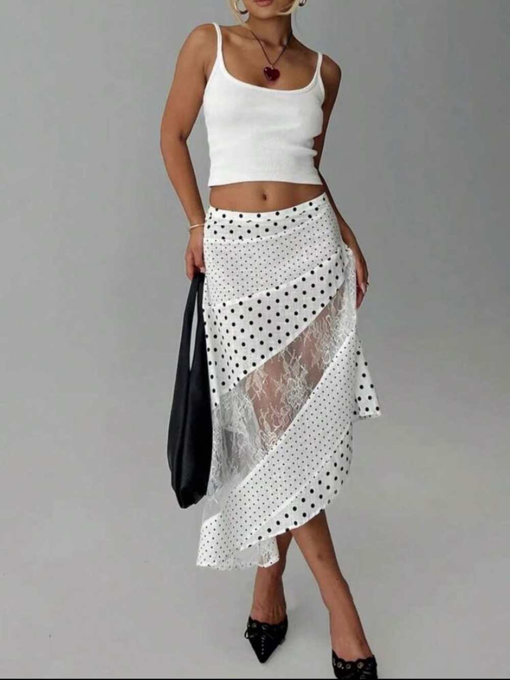 White Polka Dot Lace Panel Midi Skirt Midi Women Y2k Fairy Asymmetric